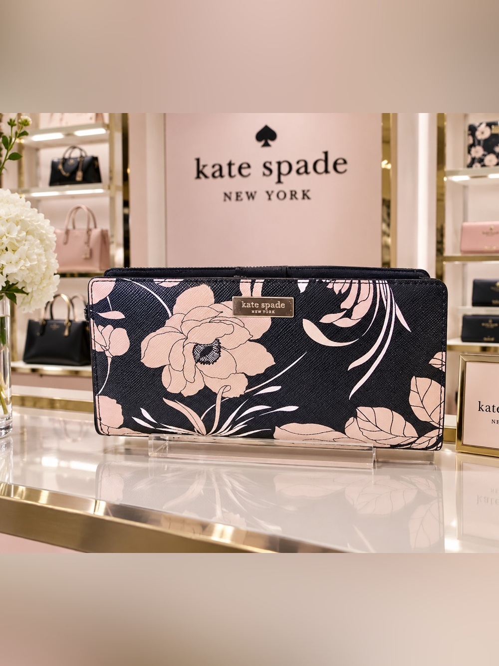kate spade Black and Blush Floral Zip Wallet